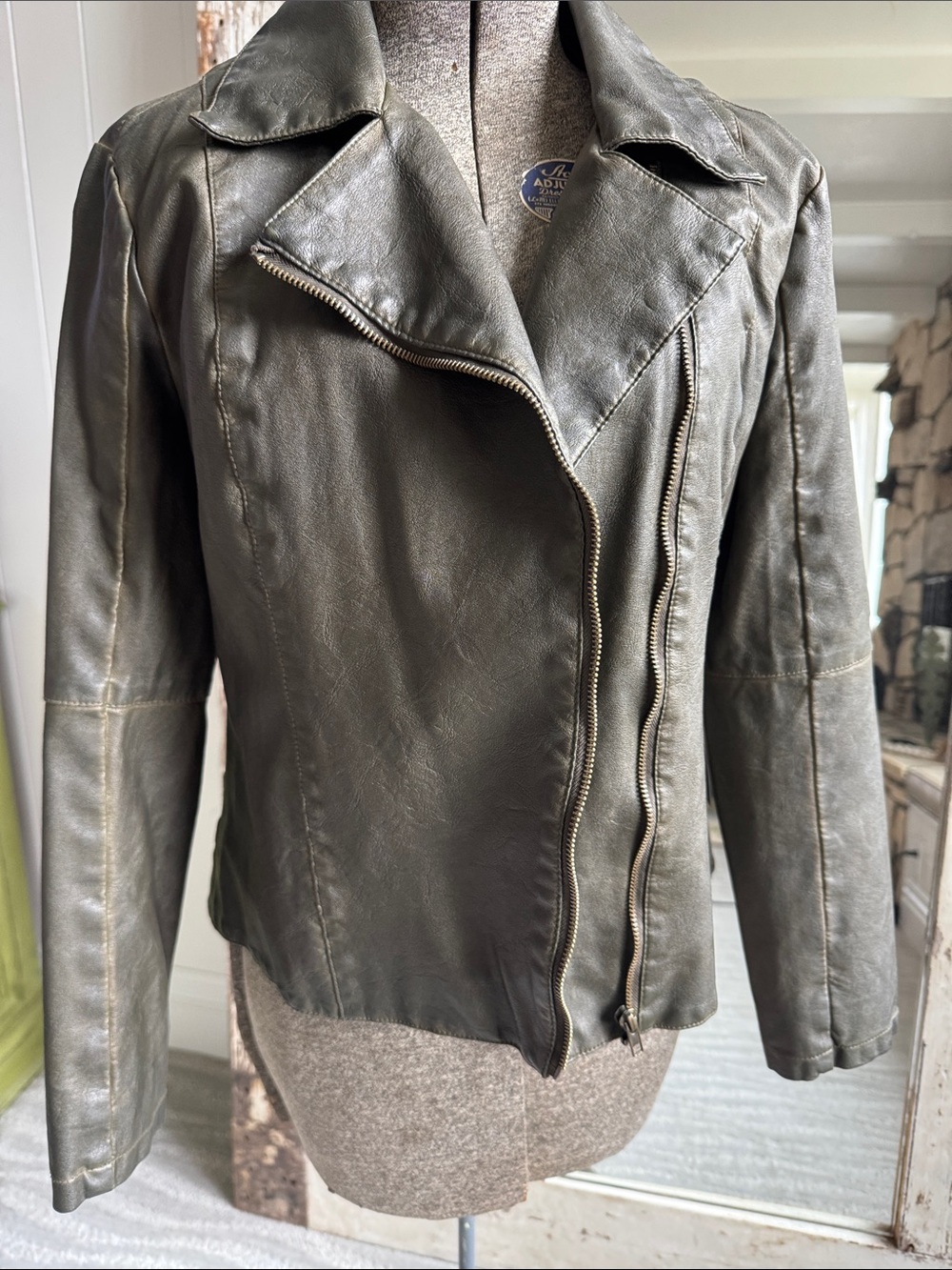 Women's Olive Green Leather Moto Jacket NWT